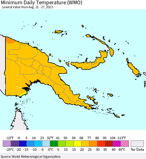 Papua New Guinea Minimum Daily Temperature (WMO) Thematic Map For 8/21/2023 - 8/27/2023