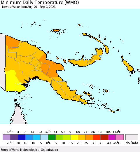 Papua New Guinea Minimum Daily Temperature (WMO) Thematic Map For 8/28/2023 - 9/3/2023