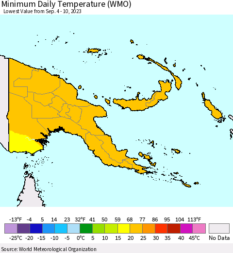 Papua New Guinea Minimum Daily Temperature (WMO) Thematic Map For 9/4/2023 - 9/10/2023