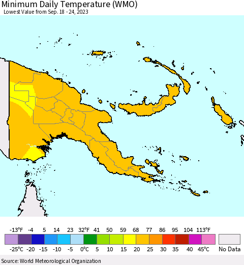 Papua New Guinea Minimum Daily Temperature (WMO) Thematic Map For 9/18/2023 - 9/24/2023