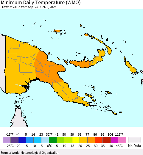 Papua New Guinea Minimum Daily Temperature (WMO) Thematic Map For 9/25/2023 - 10/1/2023