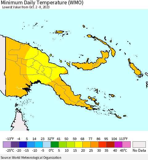 Papua New Guinea Minimum Daily Temperature (WMO) Thematic Map For 10/2/2023 - 10/8/2023