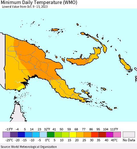 Papua New Guinea Minimum Daily Temperature (WMO) Thematic Map For 10/9/2023 - 10/15/2023