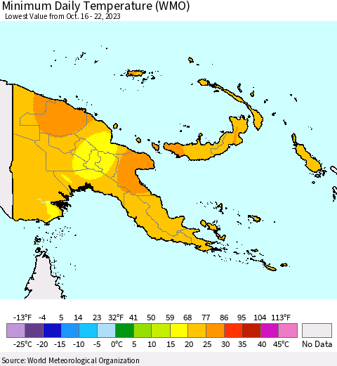 Papua New Guinea Minimum Daily Temperature (WMO) Thematic Map For 10/16/2023 - 10/22/2023