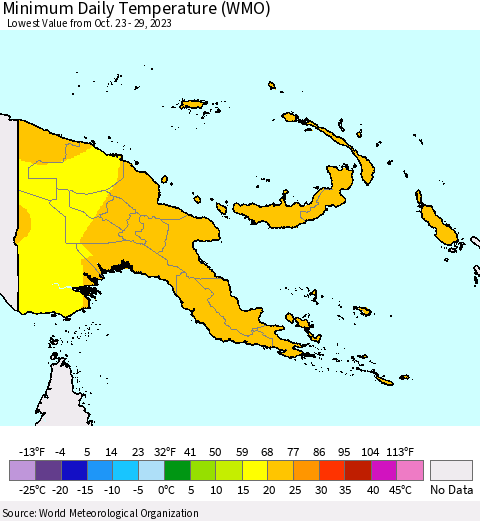 Papua New Guinea Minimum Daily Temperature (WMO) Thematic Map For 10/23/2023 - 10/29/2023