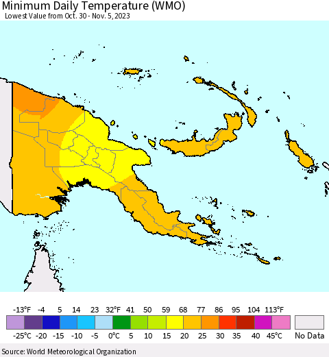 Papua New Guinea Minimum Daily Temperature (WMO) Thematic Map For 10/30/2023 - 11/5/2023