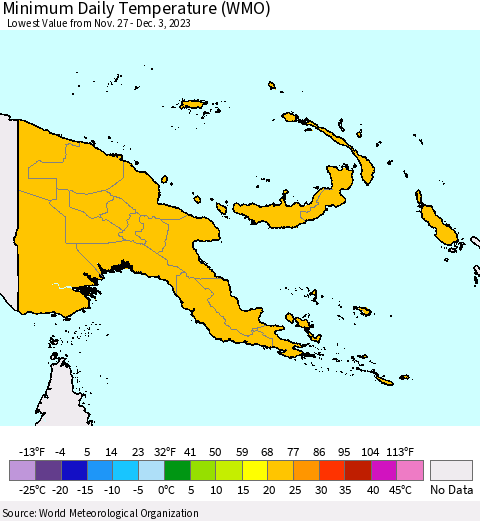 Papua New Guinea Minimum Daily Temperature (WMO) Thematic Map For 11/27/2023 - 12/3/2023