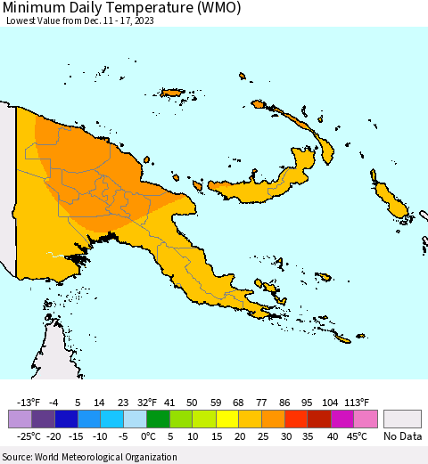 Papua New Guinea Minimum Daily Temperature (WMO) Thematic Map For 12/11/2023 - 12/17/2023