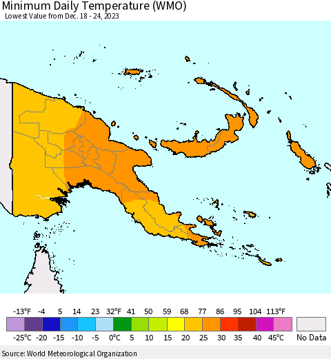 Papua New Guinea Minimum Daily Temperature (WMO) Thematic Map For 12/18/2023 - 12/24/2023