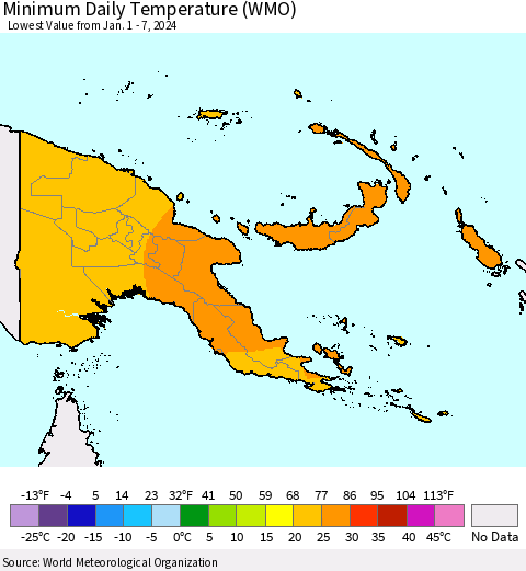 Papua New Guinea Minimum Daily Temperature (WMO) Thematic Map For 1/1/2024 - 1/7/2024