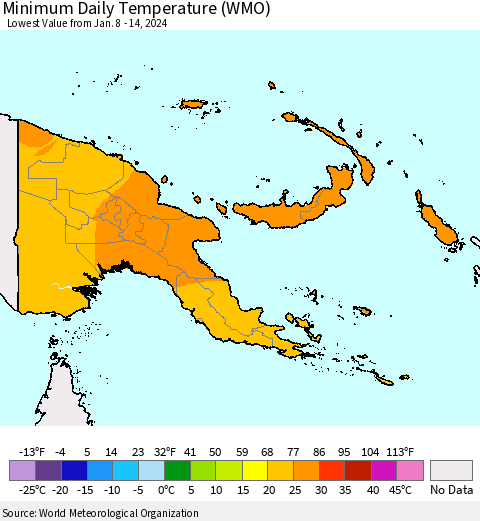 Papua New Guinea Minimum Daily Temperature (WMO) Thematic Map For 1/8/2024 - 1/14/2024