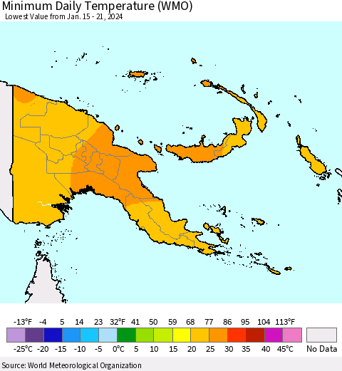 Papua New Guinea Minimum Daily Temperature (WMO) Thematic Map For 1/15/2024 - 1/21/2024