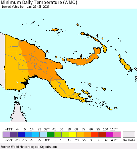 Papua New Guinea Minimum Daily Temperature (WMO) Thematic Map For 1/22/2024 - 1/28/2024