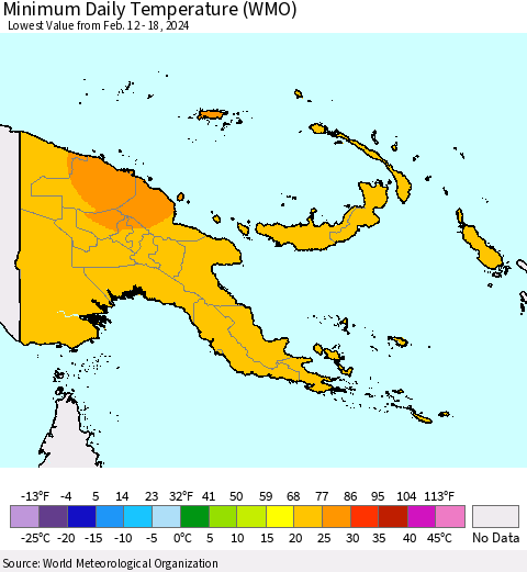 Papua New Guinea Minimum Daily Temperature (WMO) Thematic Map For 2/12/2024 - 2/18/2024