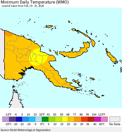 Papua New Guinea Minimum Daily Temperature (WMO) Thematic Map For 2/19/2024 - 2/25/2024