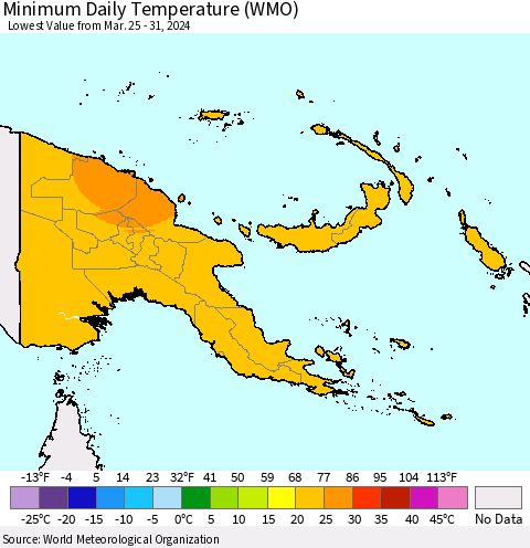 Papua New Guinea Minimum Daily Temperature (WMO) Thematic Map For 3/25/2024 - 3/31/2024