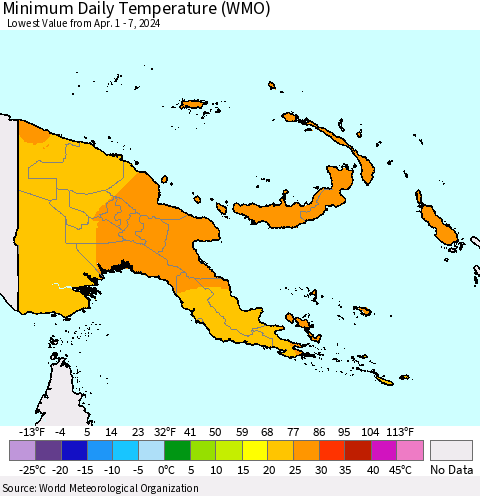 Papua New Guinea Minimum Daily Temperature (WMO) Thematic Map For 4/1/2024 - 4/7/2024