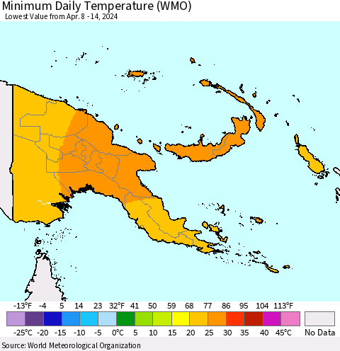 Papua New Guinea Minimum Daily Temperature (WMO) Thematic Map For 4/8/2024 - 4/14/2024