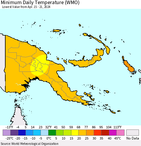 Papua New Guinea Minimum Daily Temperature (WMO) Thematic Map For 4/15/2024 - 4/21/2024