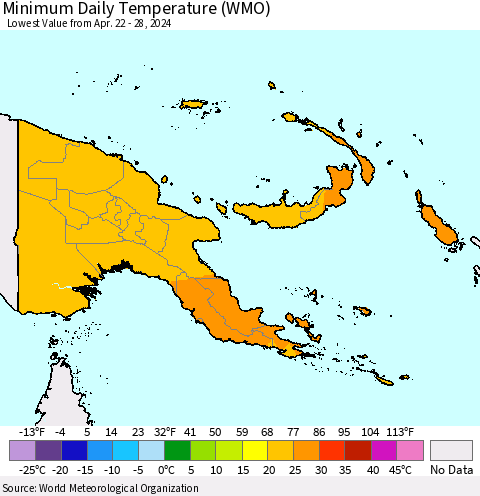 Papua New Guinea Minimum Daily Temperature (WMO) Thematic Map For 4/22/2024 - 4/28/2024