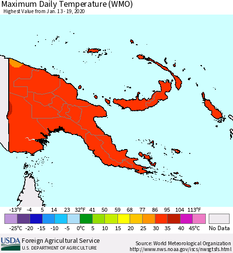 Papua New Guinea Maximum Daily Temperature (WMO) Thematic Map For 1/13/2020 - 1/19/2020