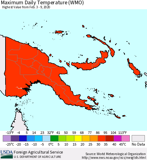 Papua New Guinea Maximum Daily Temperature (WMO) Thematic Map For 2/3/2020 - 2/9/2020