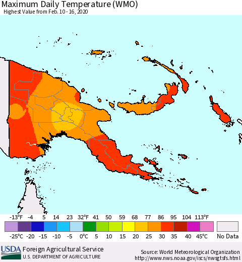 Papua New Guinea Maximum Daily Temperature (WMO) Thematic Map For 2/10/2020 - 2/16/2020
