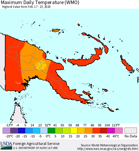 Papua New Guinea Maximum Daily Temperature (WMO) Thematic Map For 2/17/2020 - 2/23/2020