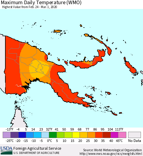 Papua New Guinea Maximum Daily Temperature (WMO) Thematic Map For 2/24/2020 - 3/1/2020