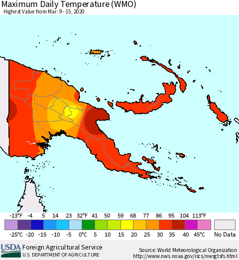 Papua New Guinea Maximum Daily Temperature (WMO) Thematic Map For 3/9/2020 - 3/15/2020