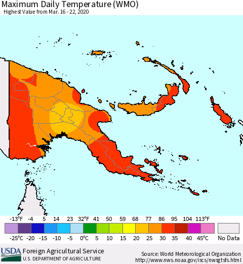 Papua New Guinea Maximum Daily Temperature (WMO) Thematic Map For 3/16/2020 - 3/22/2020