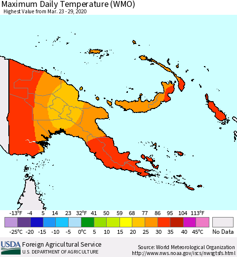 Papua New Guinea Maximum Daily Temperature (WMO) Thematic Map For 3/23/2020 - 3/29/2020