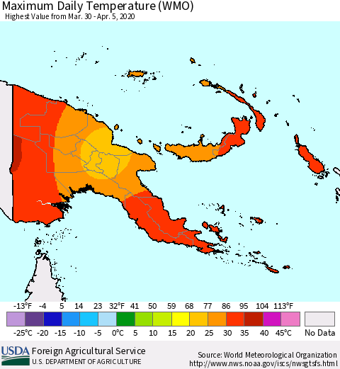 Papua New Guinea Maximum Daily Temperature (WMO) Thematic Map For 3/30/2020 - 4/5/2020