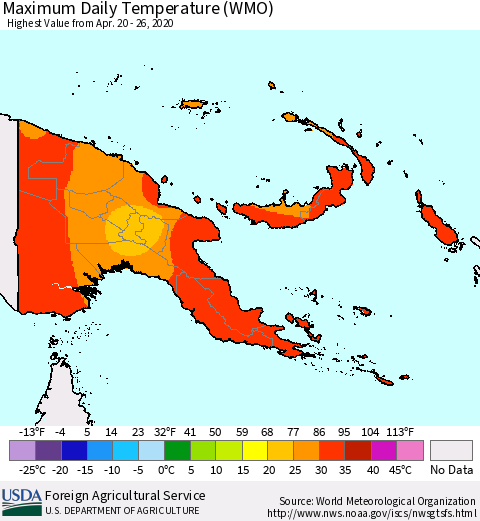 Papua New Guinea Maximum Daily Temperature (WMO) Thematic Map For 4/20/2020 - 4/26/2020