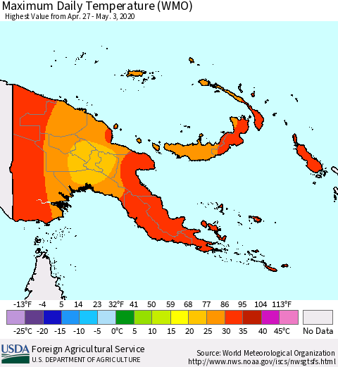 Papua New Guinea Maximum Daily Temperature (WMO) Thematic Map For 4/27/2020 - 5/3/2020