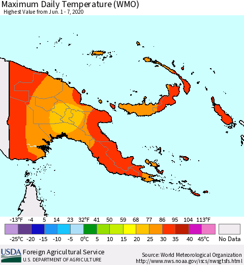 Papua New Guinea Maximum Daily Temperature (WMO) Thematic Map For 6/1/2020 - 6/7/2020