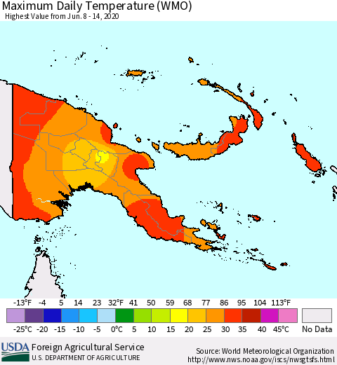 Papua New Guinea Maximum Daily Temperature (WMO) Thematic Map For 6/8/2020 - 6/14/2020