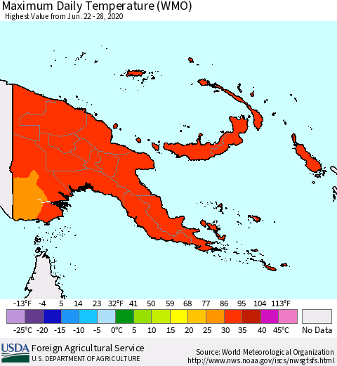Papua New Guinea Maximum Daily Temperature (WMO) Thematic Map For 6/22/2020 - 6/28/2020
