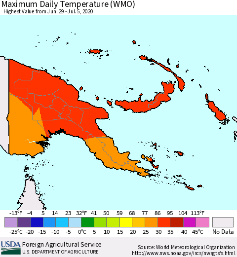 Papua New Guinea Maximum Daily Temperature (WMO) Thematic Map For 6/29/2020 - 7/5/2020