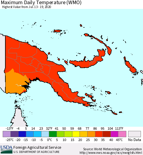 Papua New Guinea Maximum Daily Temperature (WMO) Thematic Map For 7/13/2020 - 7/19/2020