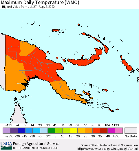 Papua New Guinea Maximum Daily Temperature (WMO) Thematic Map For 7/27/2020 - 8/2/2020