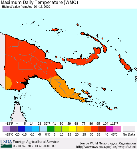 Papua New Guinea Maximum Daily Temperature (WMO) Thematic Map For 8/10/2020 - 8/16/2020