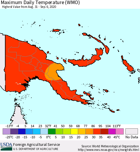 Papua New Guinea Maximum Daily Temperature (WMO) Thematic Map For 8/31/2020 - 9/6/2020