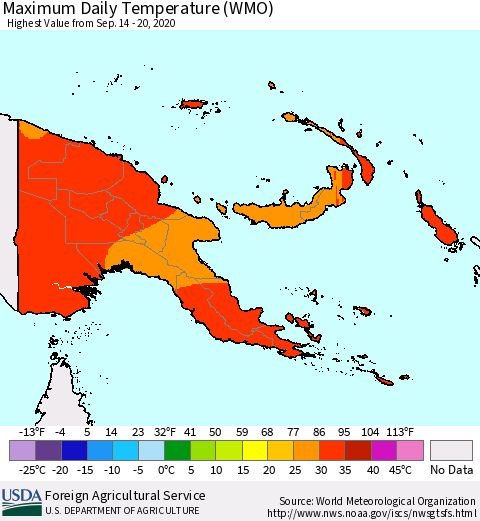 Papua New Guinea Maximum Daily Temperature (WMO) Thematic Map For 9/14/2020 - 9/20/2020