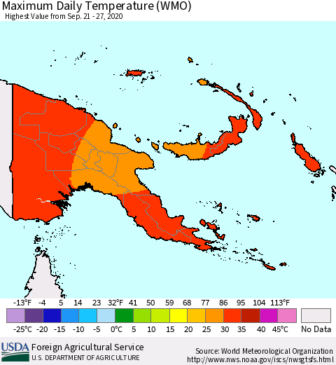 Papua New Guinea Maximum Daily Temperature (WMO) Thematic Map For 9/21/2020 - 9/27/2020