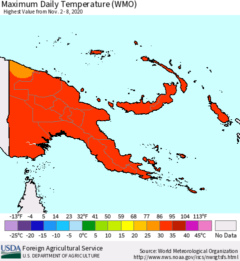 Papua New Guinea Maximum Daily Temperature (WMO) Thematic Map For 11/2/2020 - 11/8/2020
