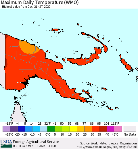 Papua New Guinea Maximum Daily Temperature (WMO) Thematic Map For 12/21/2020 - 12/27/2020