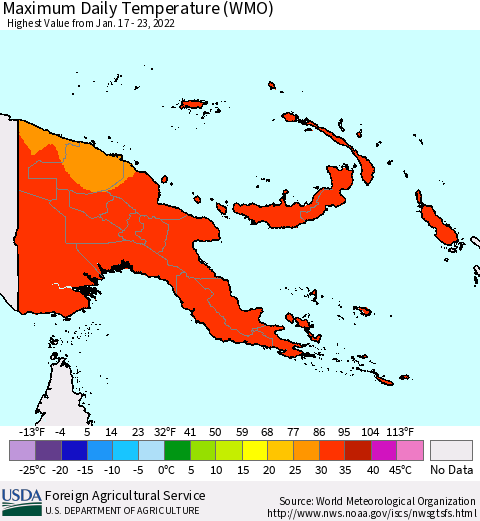 Papua New Guinea Maximum Daily Temperature (WMO) Thematic Map For 1/17/2022 - 1/23/2022