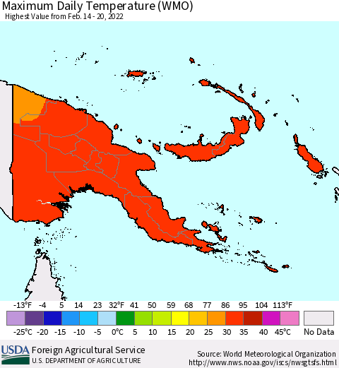 Papua New Guinea Maximum Daily Temperature (WMO) Thematic Map For 2/14/2022 - 2/20/2022