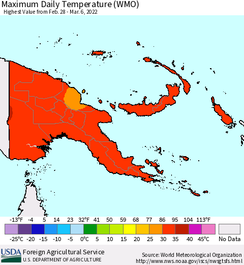 Papua New Guinea Maximum Daily Temperature (WMO) Thematic Map For 2/28/2022 - 3/6/2022